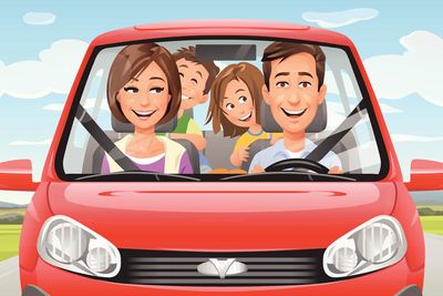cartoon family in a red car