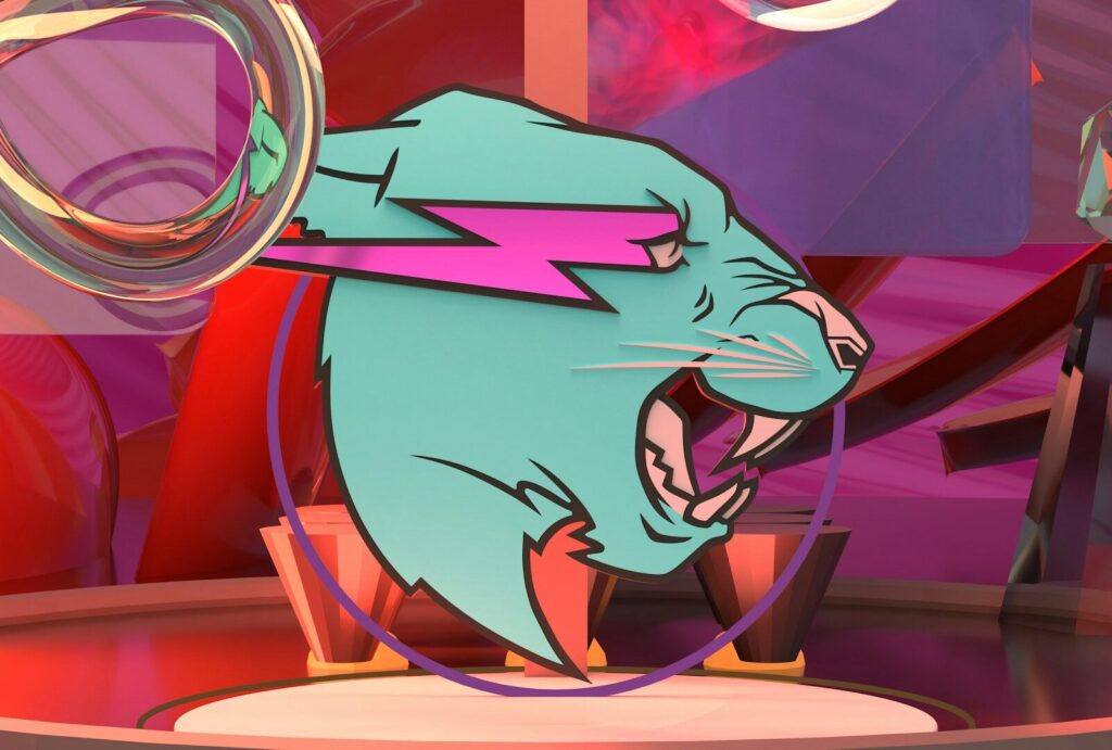 A stylized blue panther head with a pink lightning bolt